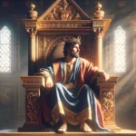 A picture of King David sitting on his throne with a humble expression, representing the righteous leadership qualities of humility and obedience to God