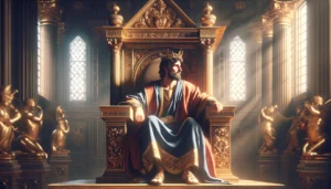 A picture of King David sitting on his throne with a humble expression, representing the righteous leadership qualities of humility and obedience to God