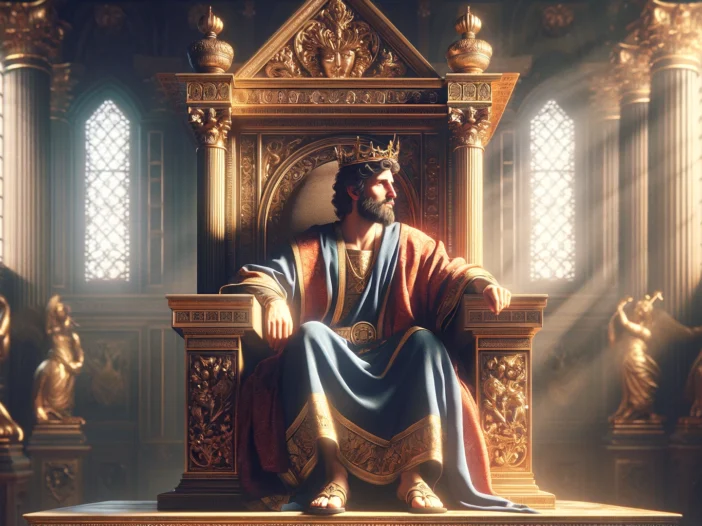 A picture of King David sitting on his throne with a humble expression, representing the righteous leadership qualities of humility and obedience to God