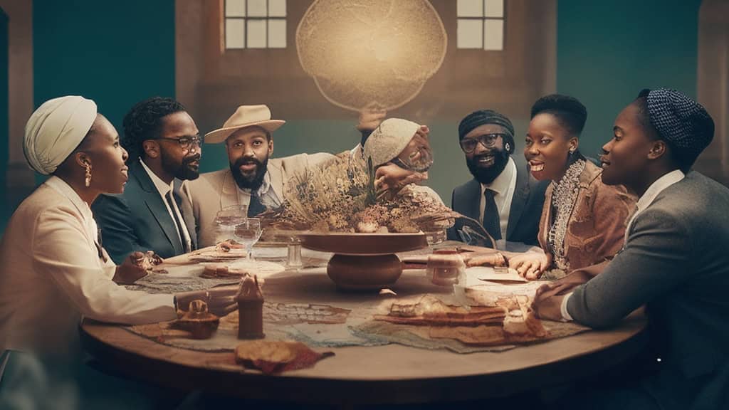 a group of people sitting around a table