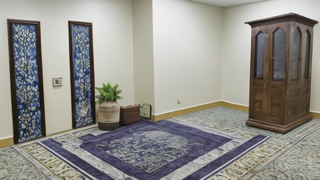 a room with a rug and a mirror - inclusive prayer and meditation room