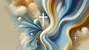 a colorful swirly art with a white cross