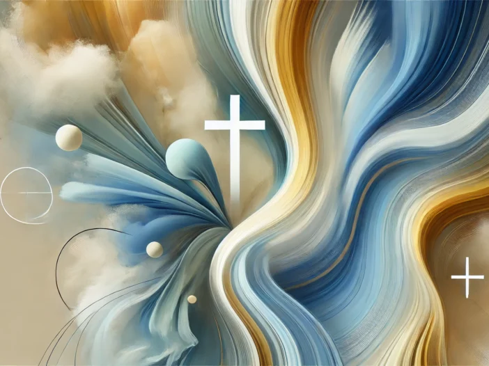 a colorful swirly art with a white cross