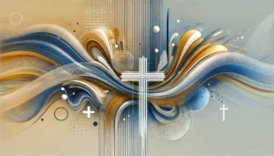 a cross and colorful swirls