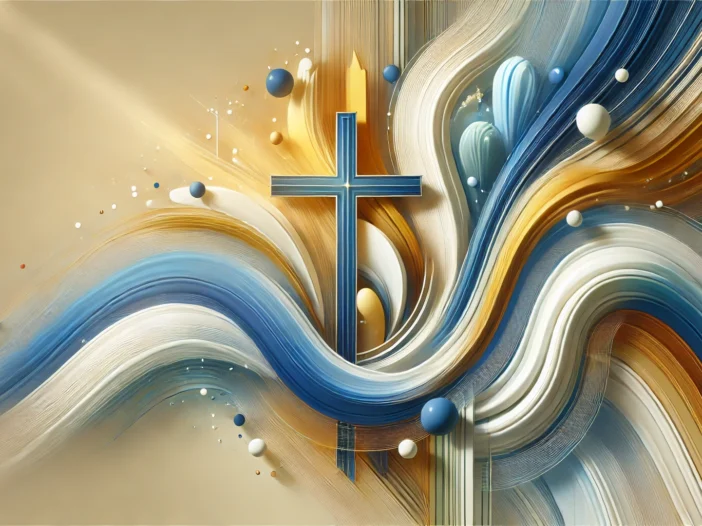 a cross and colorful waves