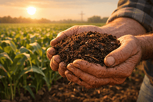 Hands holding soil with green crops.