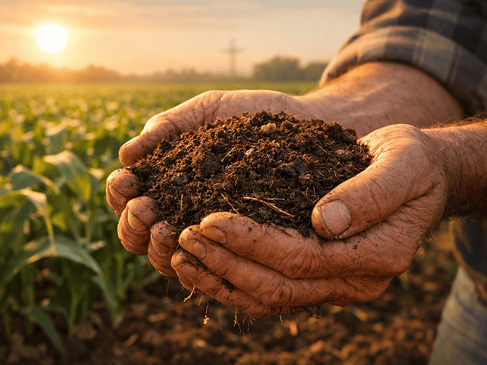 Hands holding soil with green crops.